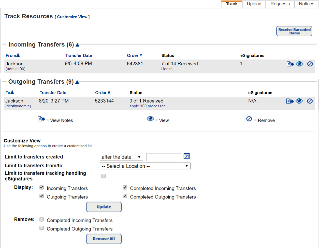 Track Resources page showing Incoming and Outgoing transfers.